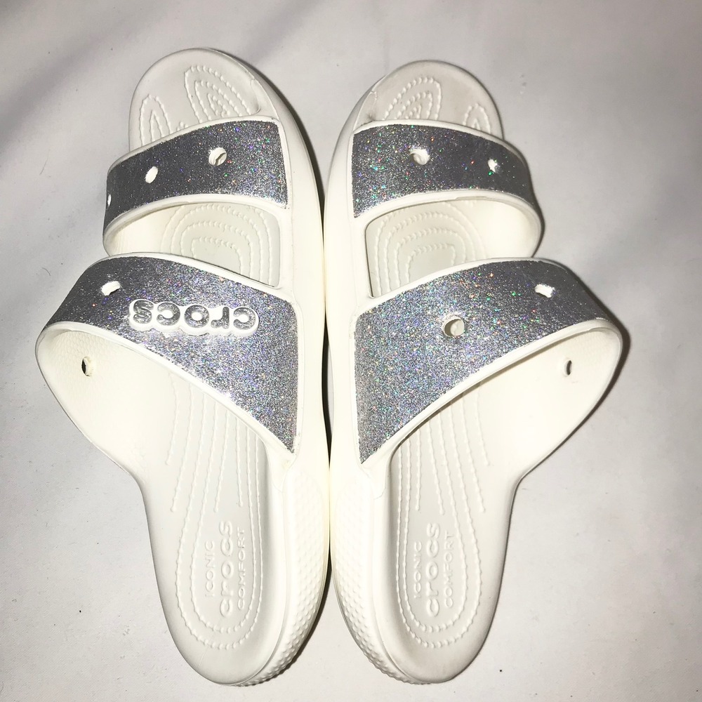 Crocs Classic Glitter Sandals Silver Strap Slides Womens 7 Mens 5 Comfort Summer - Picture 12 of 13